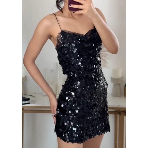 Zara Black Sequin Mini Dress Lace Trim Spaghetti Strap Bodycon Party Club XS NYE - Picture 1 of 11